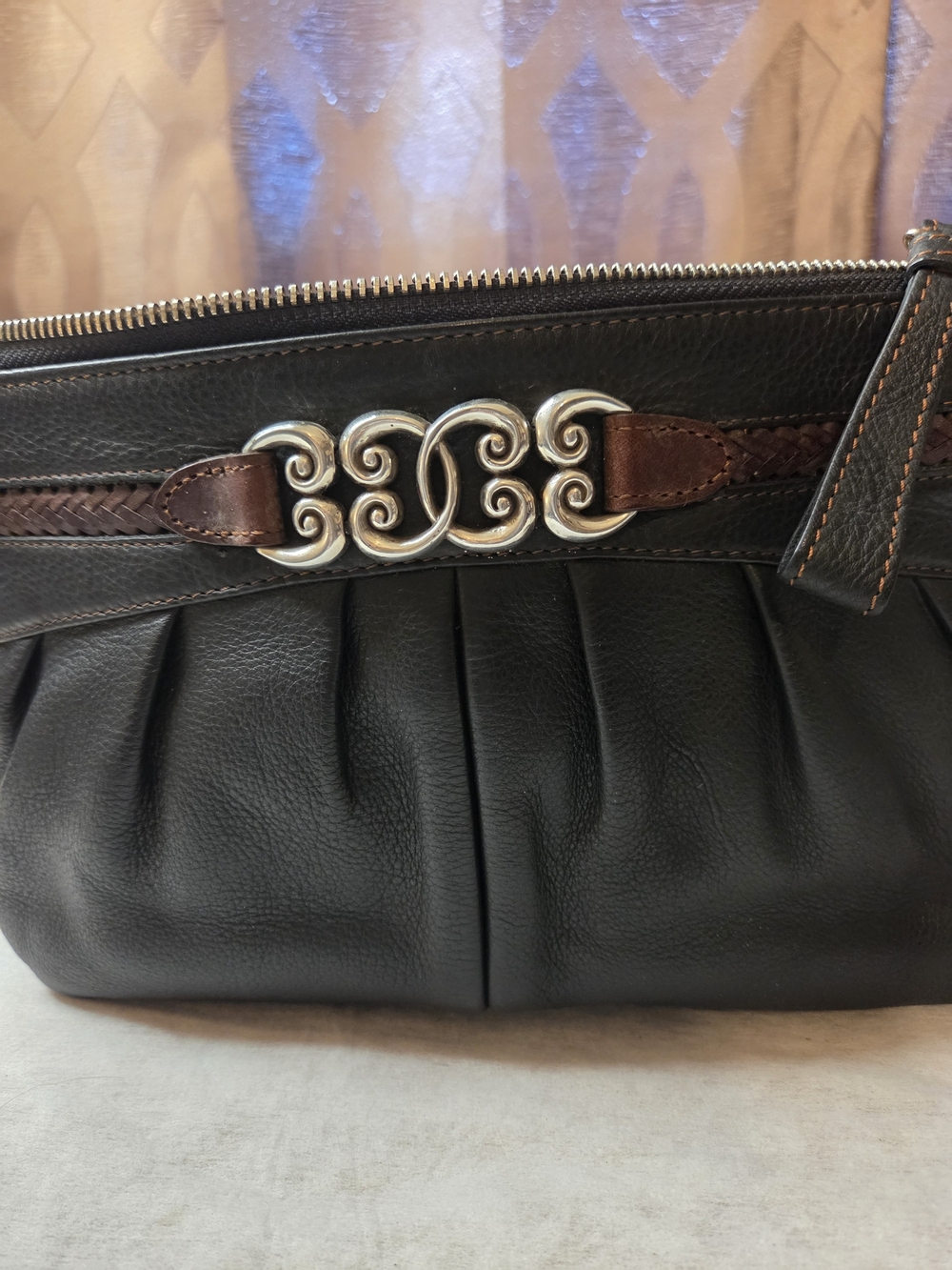 Brighton Black Leather Crossbody Bag with Brown Trim and Silver Accent - Picture 3 of 14